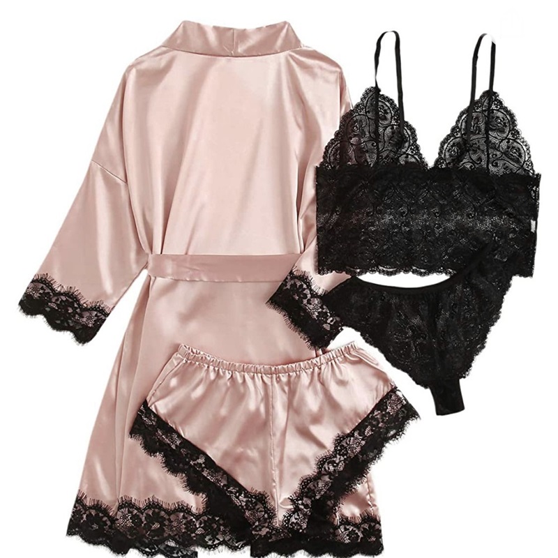 Bộ đồ ngủ satin vẽ sơn bằng ren